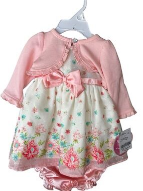 Baby Girls Pink Floral Dress and Cardigan 3 Piece Set